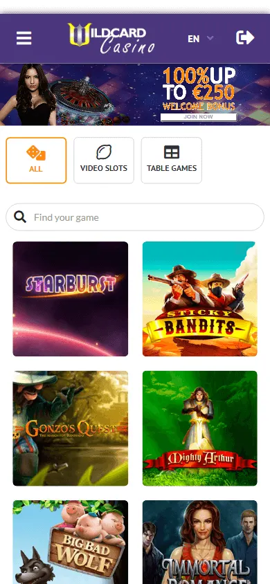 Wildcard Casino mobile browser home for Australian players