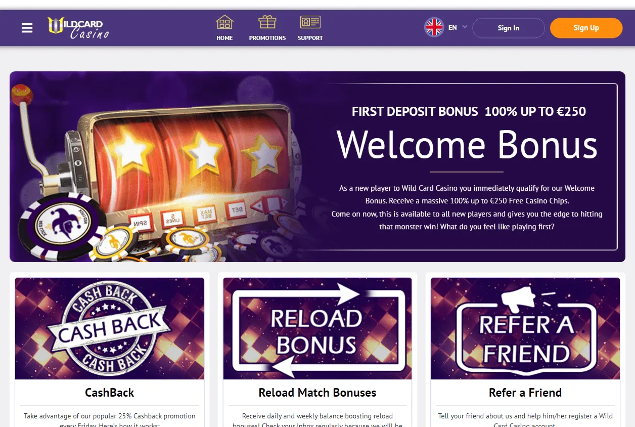 Wildcard Casino desktop promotions with deposit and reload offers