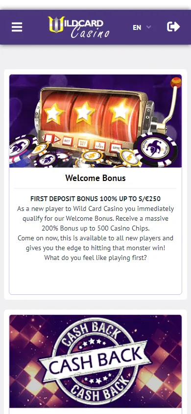 Wildcard Casino mobile browser promotions and deposit offers
