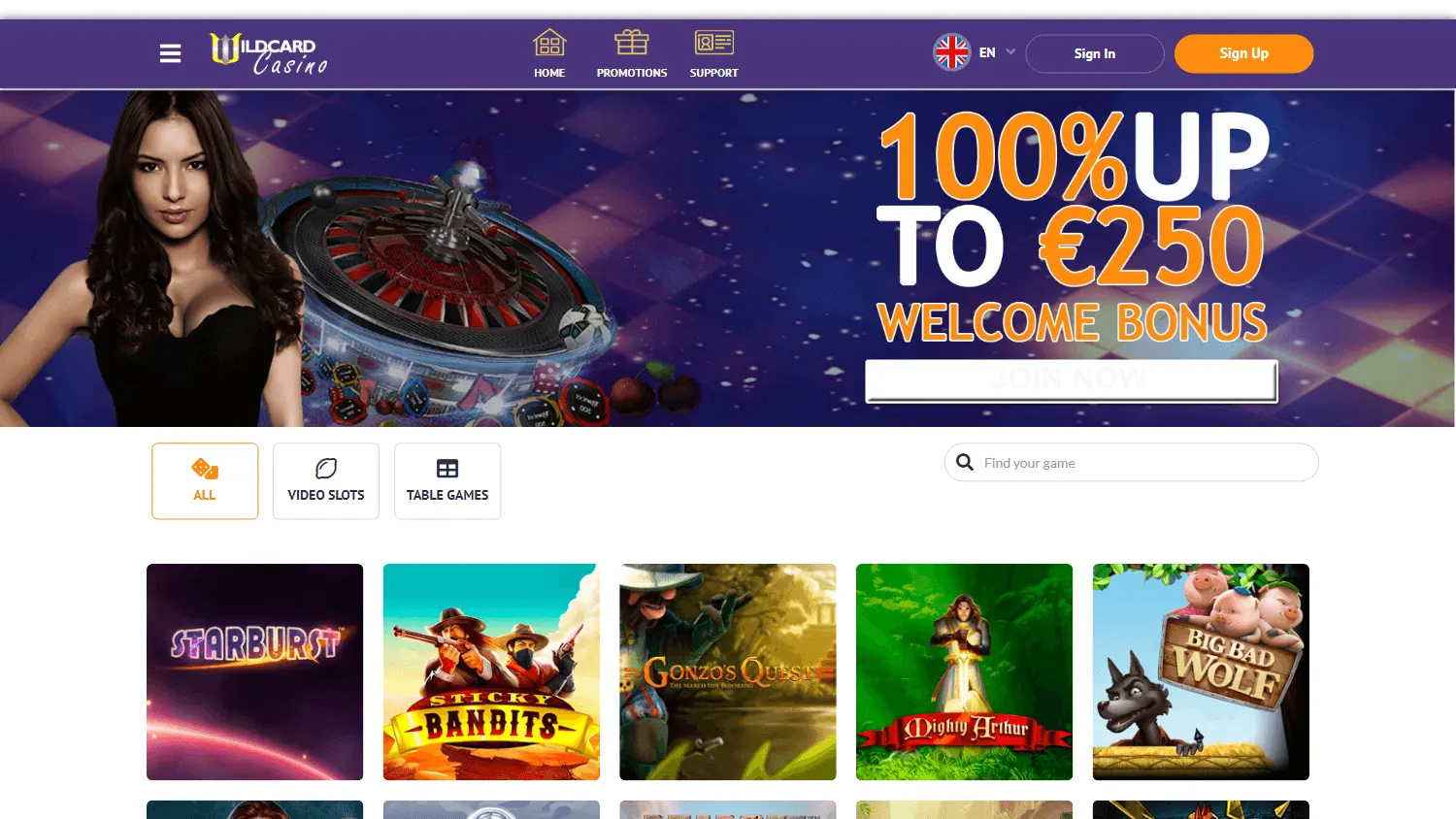 Wildcard Casino desktop games area with RTG titles
