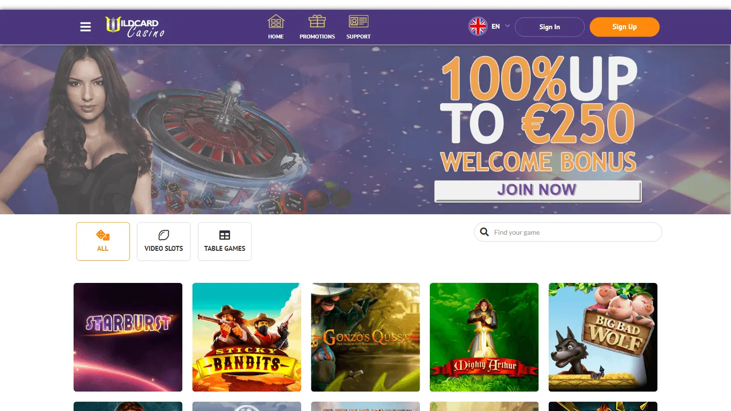 Wildcard Casino desktop home with the Australian welcome package
