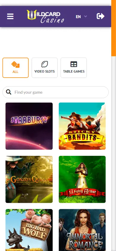 Wildcard Casino mobile browser games with RTG titles